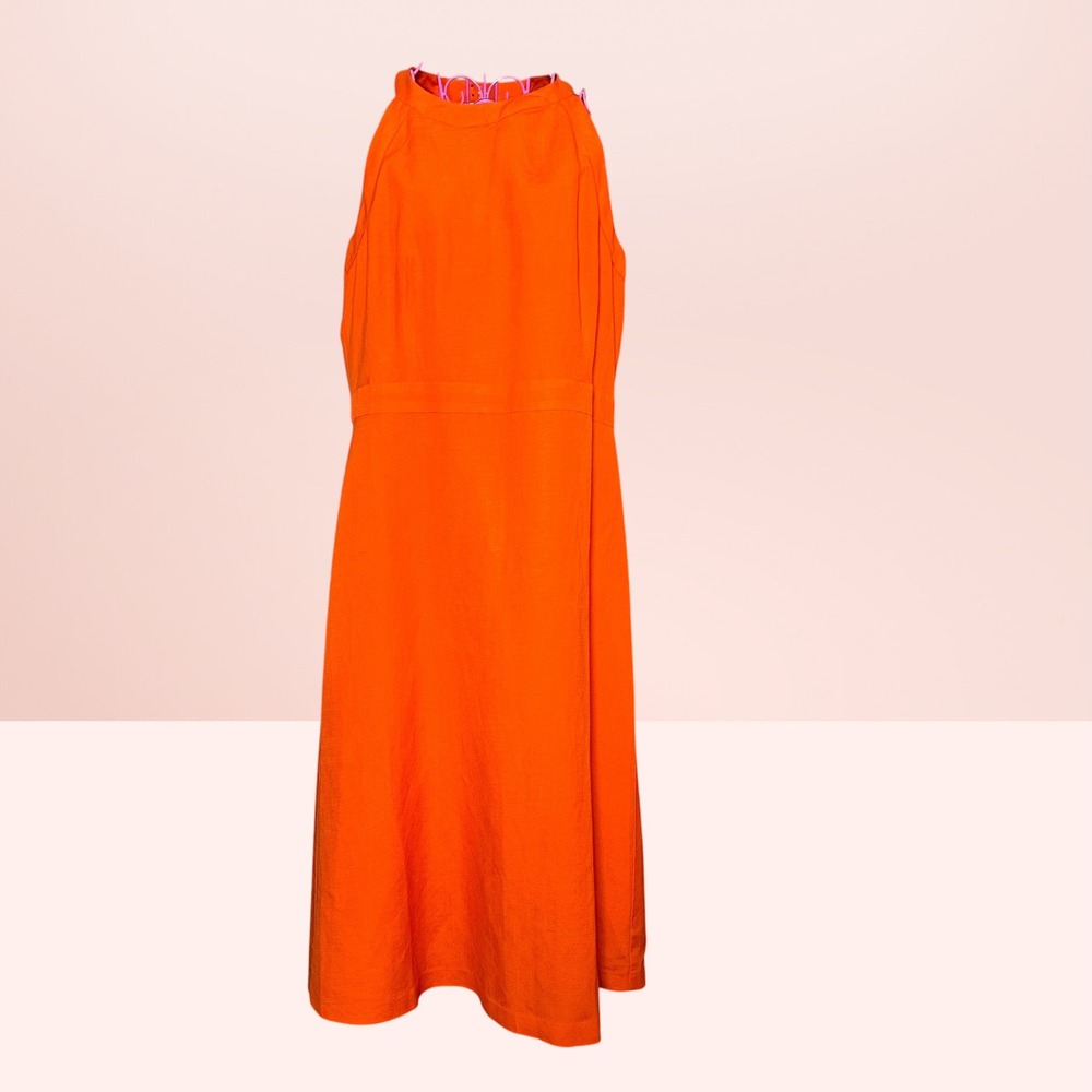 Ann Taylor Orange Linen Blend Halter‎ Summer Midi Dress Tropical Summer 14 NEW